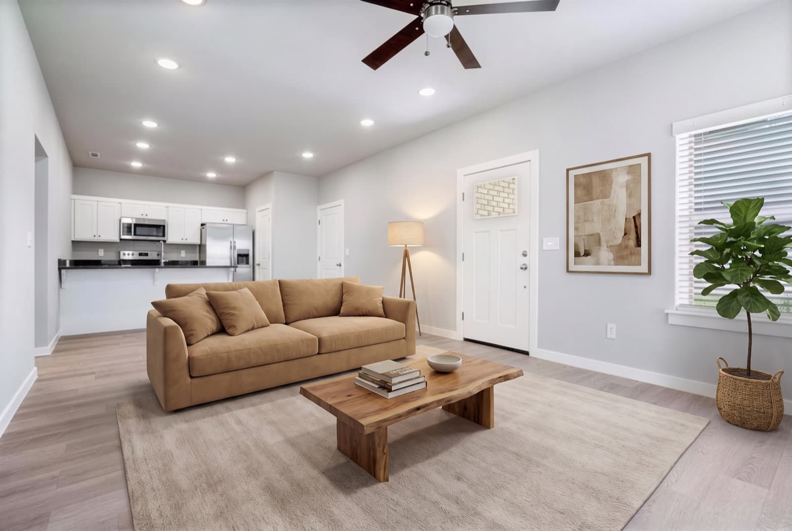 Open great room, virtually staged