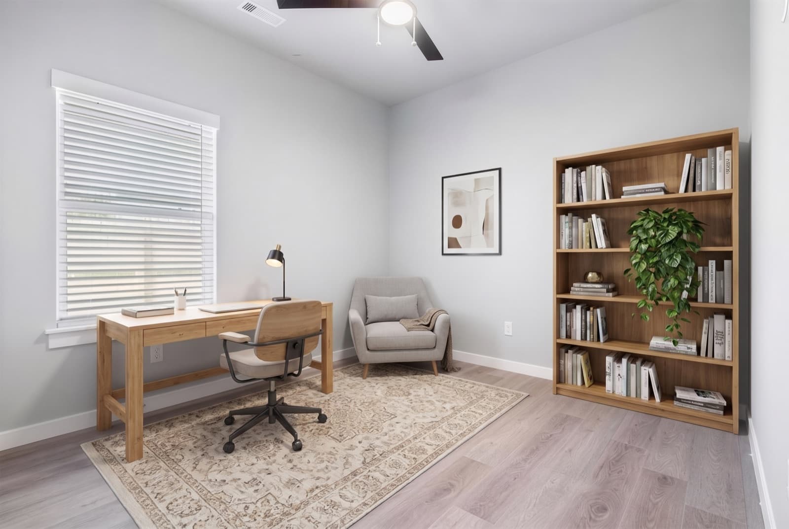 Third bedroom, styled as a home office, virtually staged
